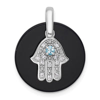 SS RH-plated Polished LSBT CZ and Onyx Hamsa Circle Pendant