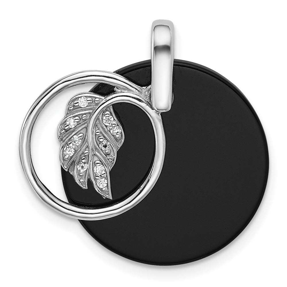 Sterling Silver RH-plated Polished Onyx and CZ Leaf Circle Pendant