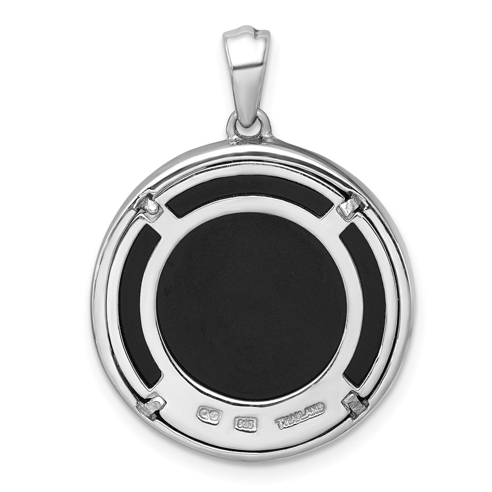 Sterling Silver RH-plated Polished Onyx and CZ Leaf Circle Pendant