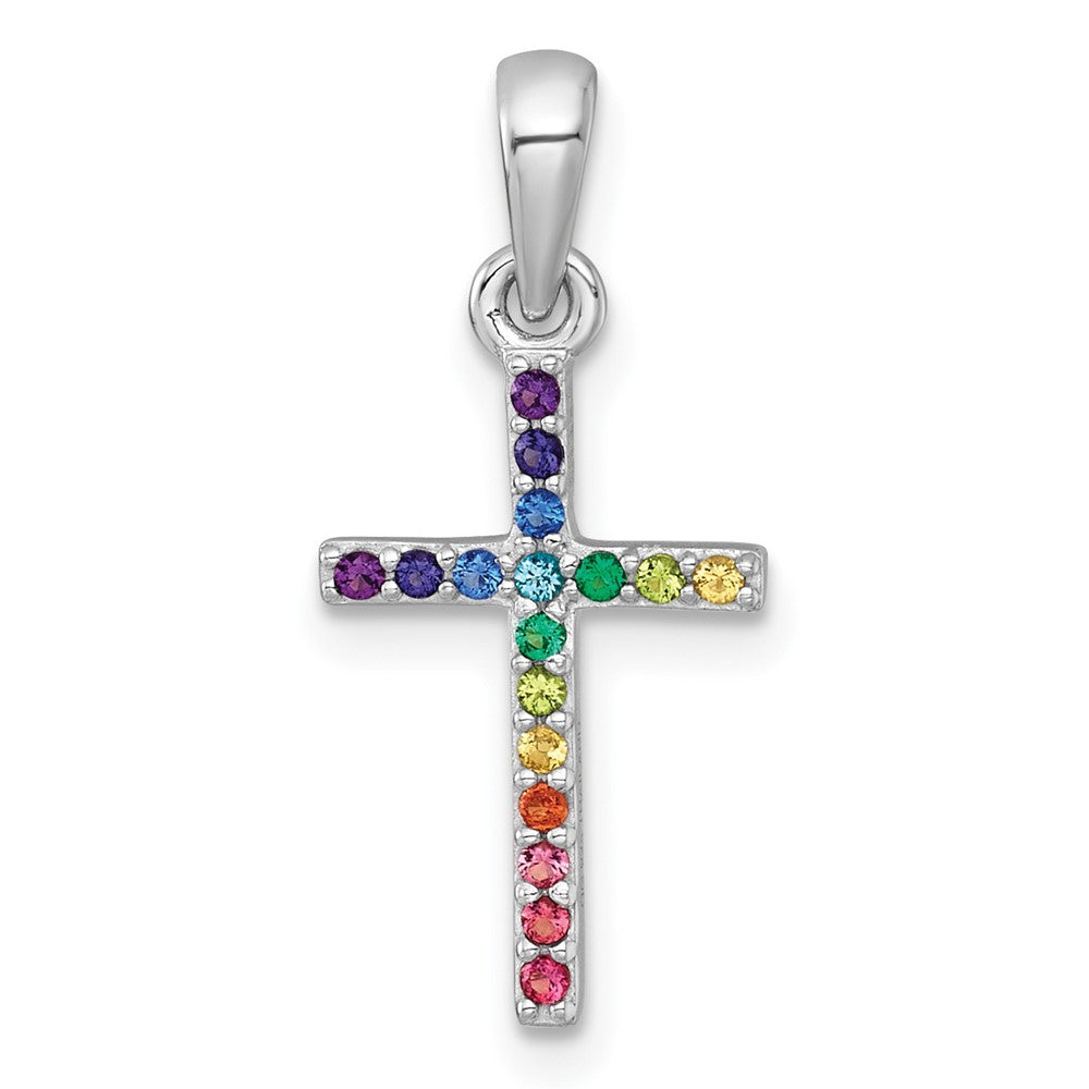 Sterling Silver RH-pltd Rainbow Nano Crystals Cross Pendant