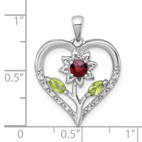 SS RH-pltd Garnet Peridot and White Topaz Floral Heart Pendant