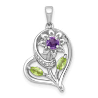 SS RH-pltd Amethyst Peridot and White Topaz Floral Heart Pendant