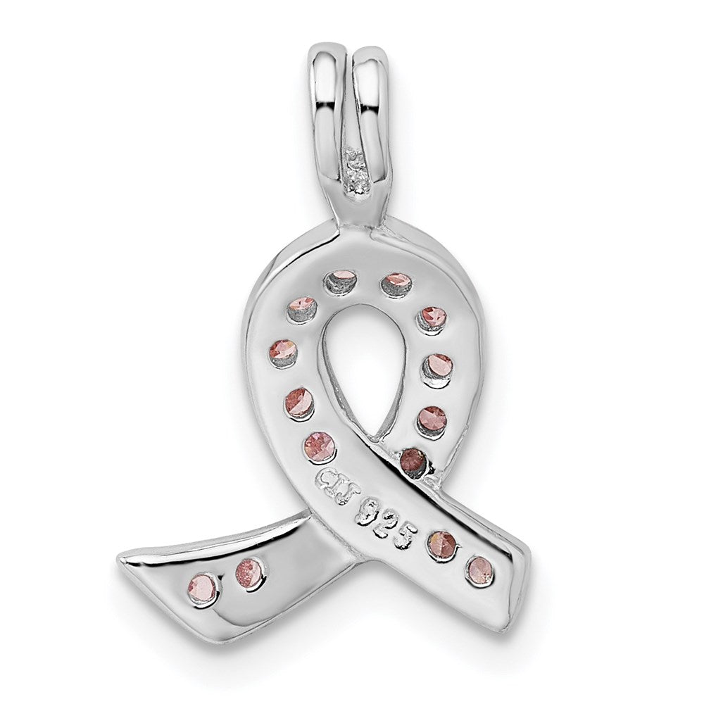 Sterling Silver Rhodium-plated Pink CZ Awareness Ribbon Pendant