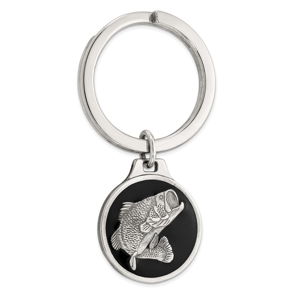 Sterling Silver Rhodium-plated Black Epoxy Bass Fish Keychain