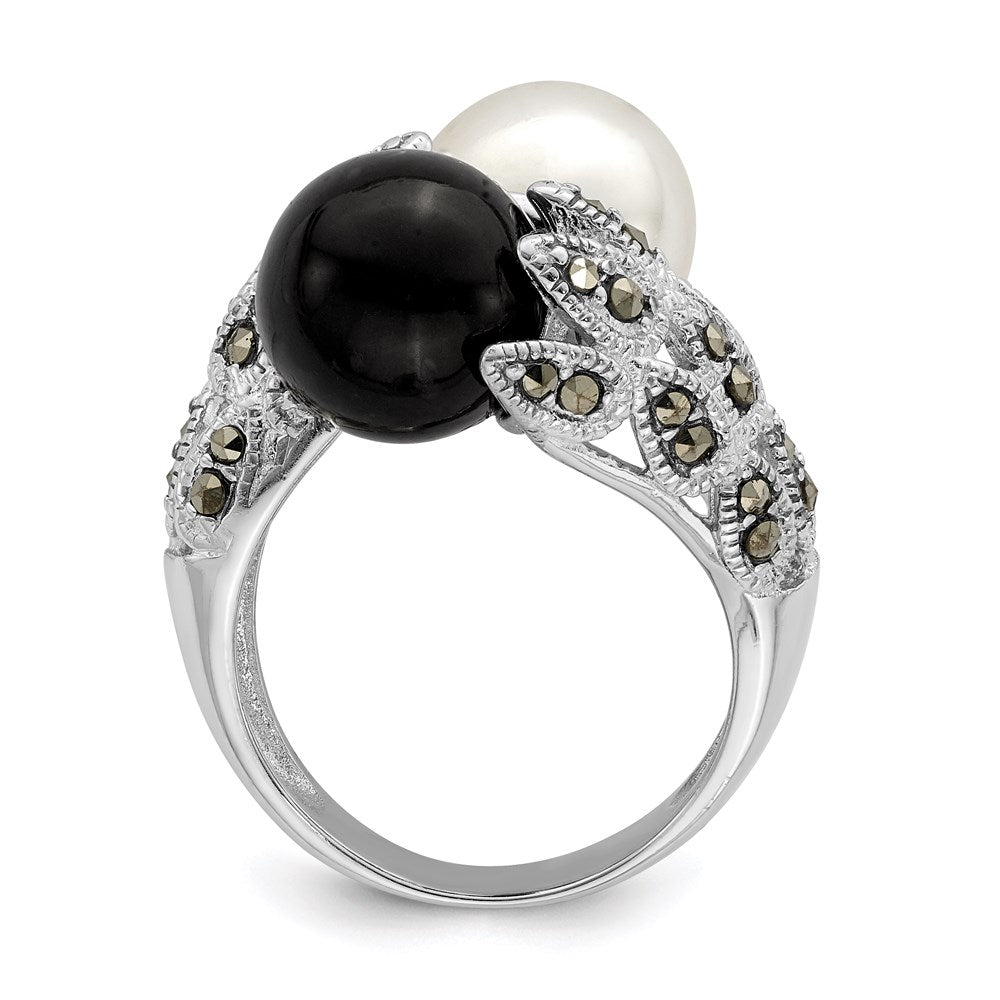 Sterling Silver RH Marcasite Black and White Imitation Pearl Ring