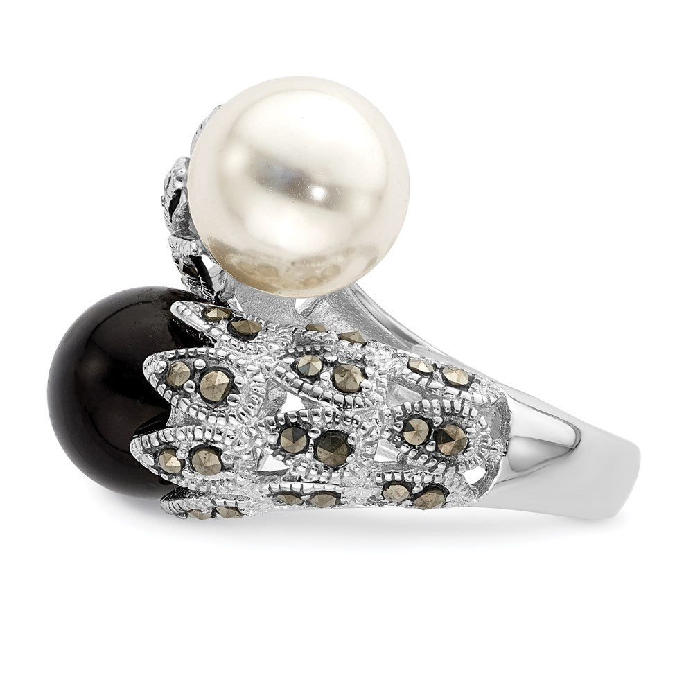 Sterling Silver RH Marcasite Black and White Imitation Pearl Ring