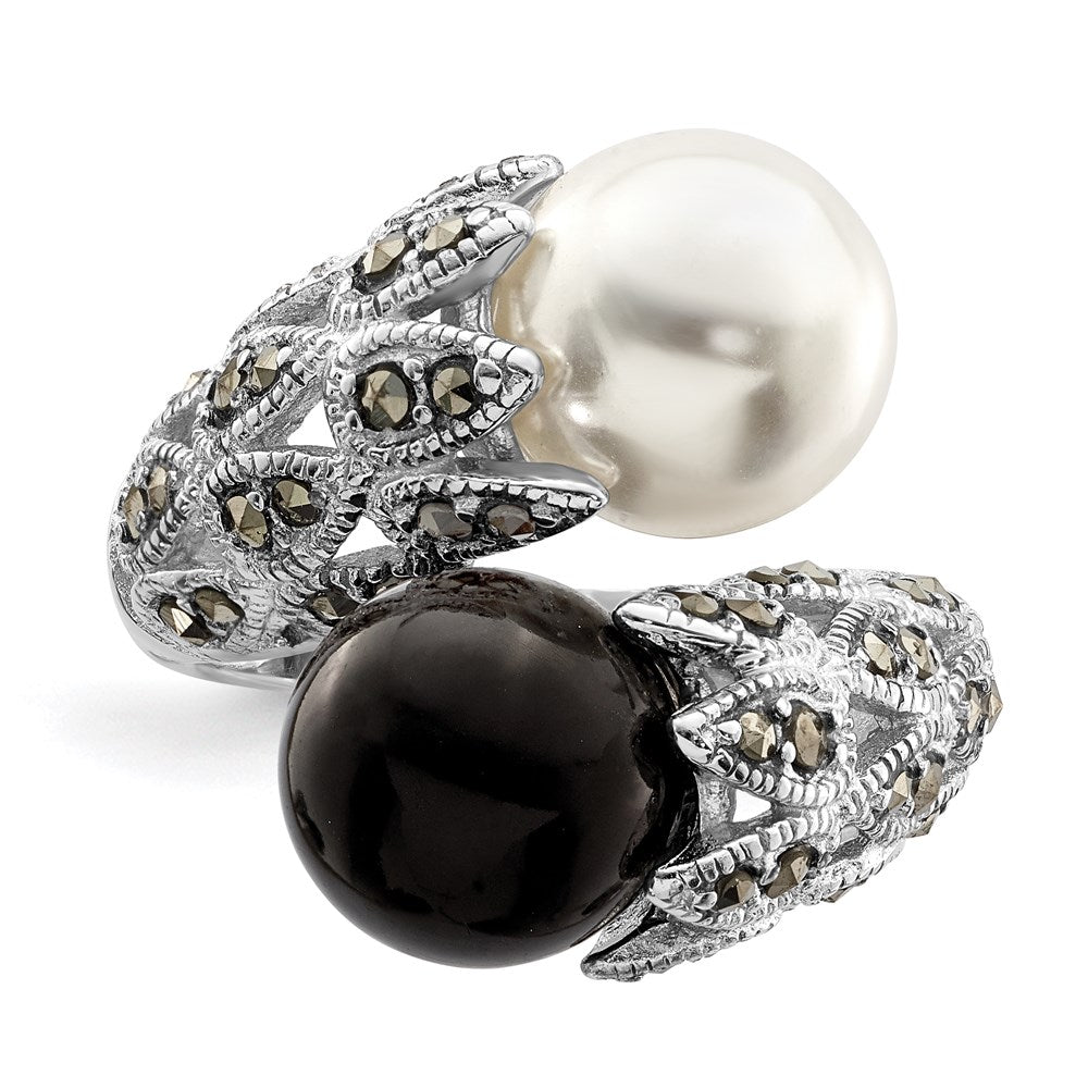 Sterling Silver RH Marcasite Black and White Imitation Pearl Ring