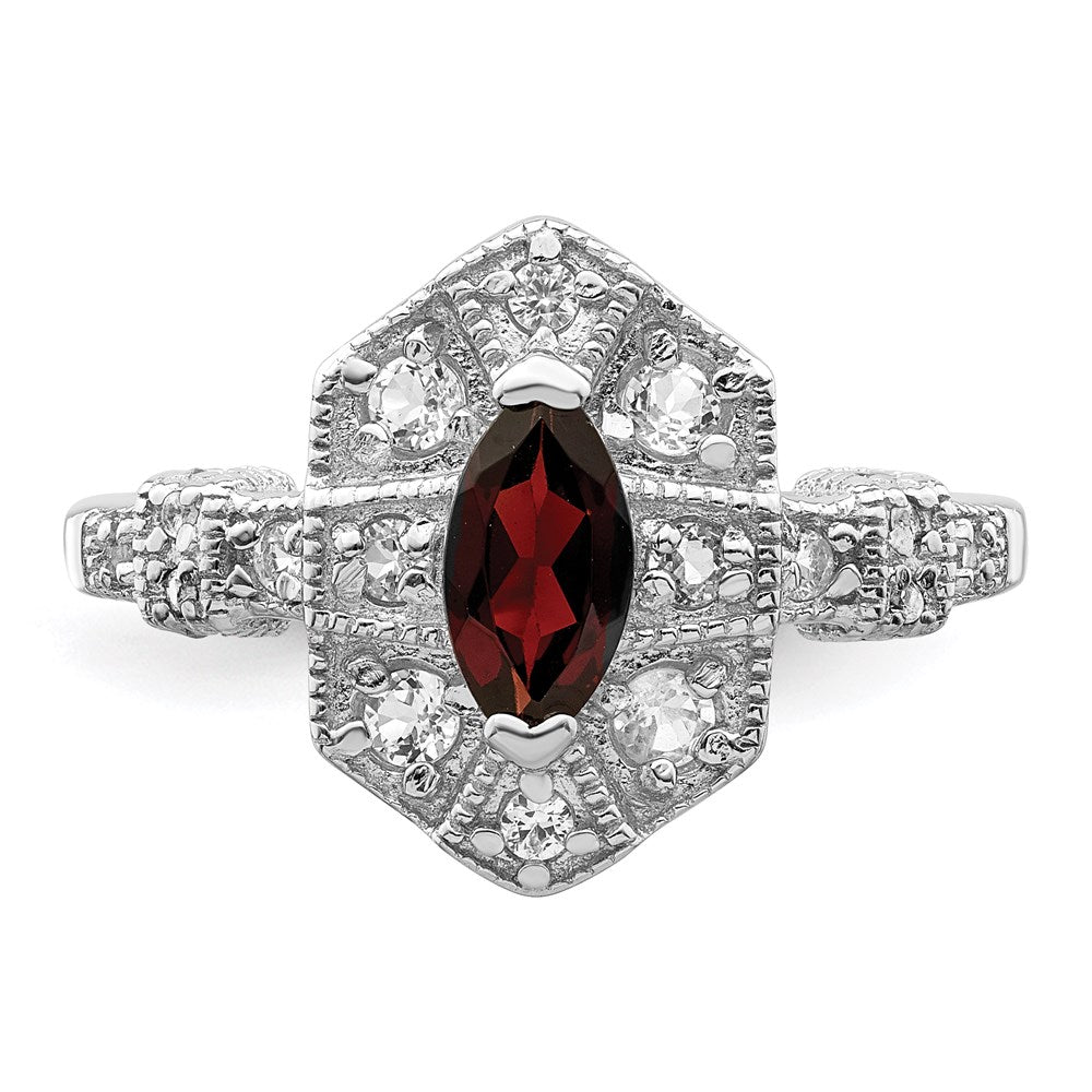 Sterling Silver Rhodium-plated Dark Red Marquise CZ Ring