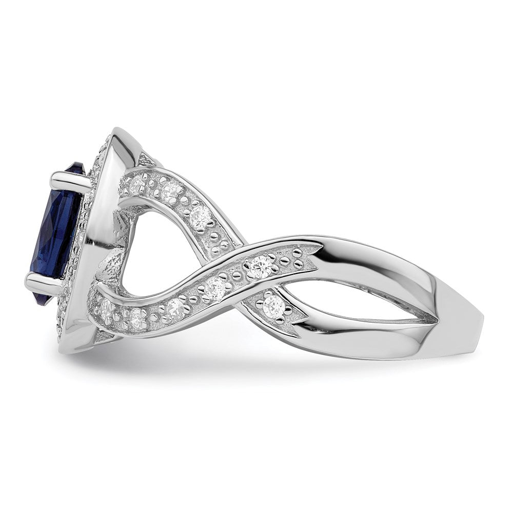 Sterling Silver Rhodium-plated Dark Blue Glass and CZ Ring