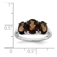 Sterling Silver Rhodium 3 Stone Smoky Quartz & Diamond Ring