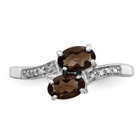 Sterling Silver Rhodium 2 Oval Smoky Quartz & Diamond Ring