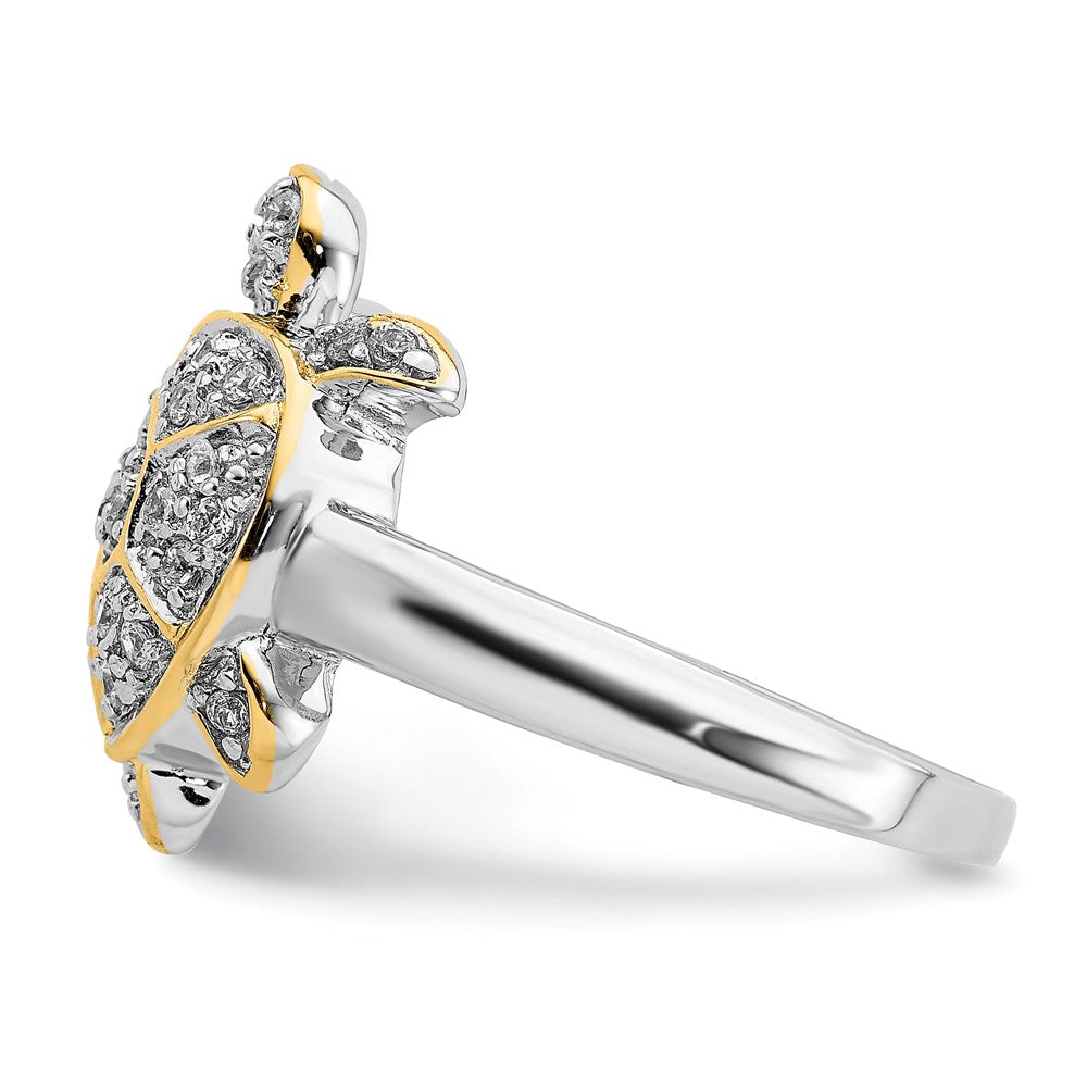 Sterling Silver Rhodium-plated CZ and Flash Gold-Plated Turtle Ring