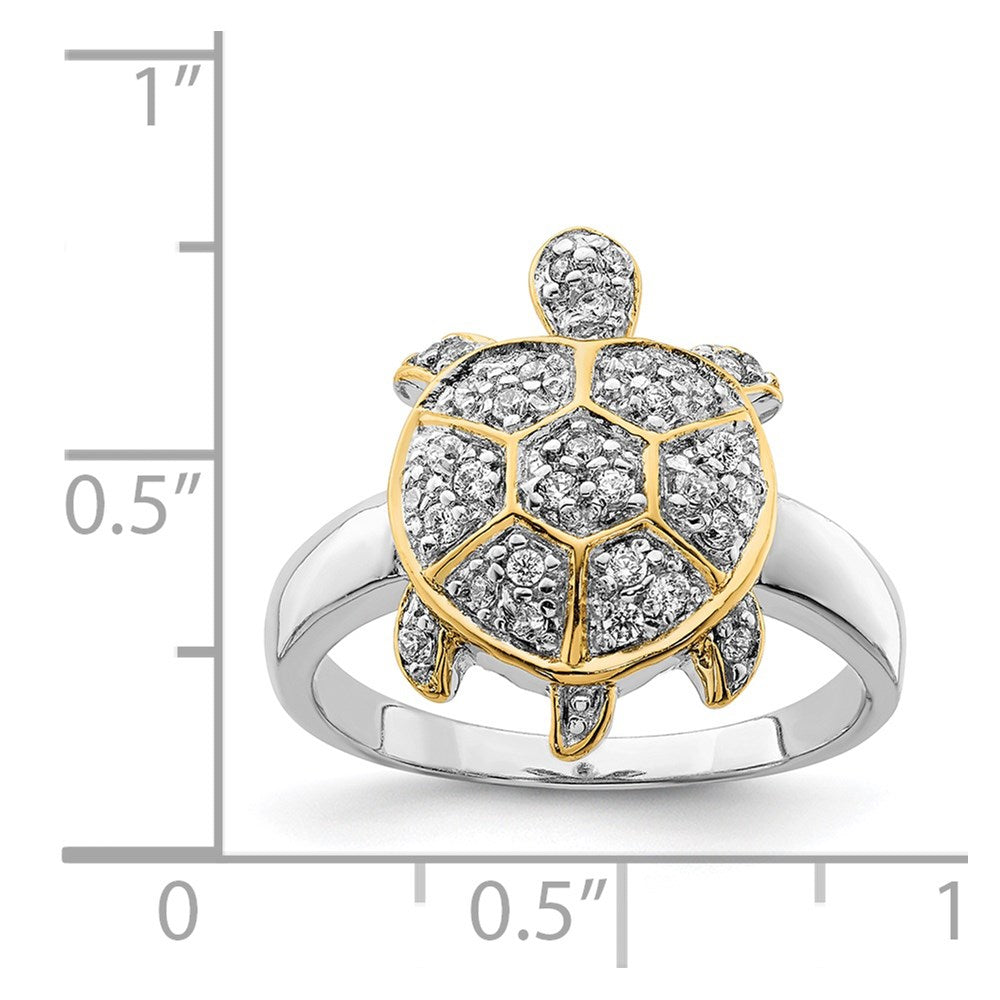 Sterling Silver Rhodium-plated CZ and Flash Gold-Plated Turtle Ring