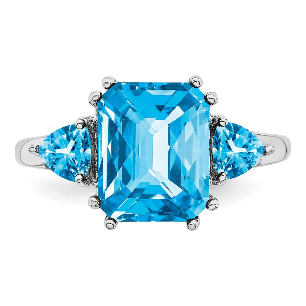 Sterling Silver Rhodium Checker-Cut Blue Topaz Ring