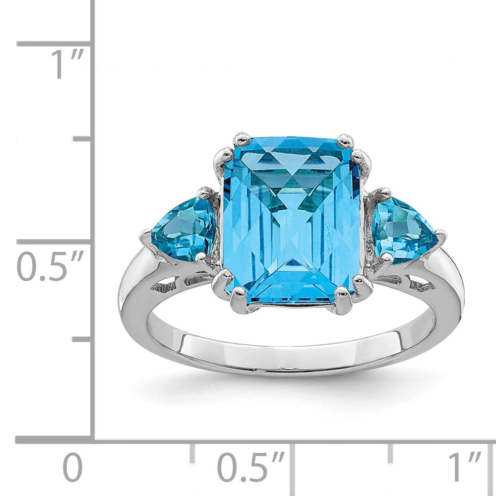 Sterling Silver Rhodium Checker-Cut Blue Topaz Ring