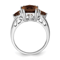 Sterling Silver Rhodium Octagonal Checker-Cut Smoky Quartz Ring