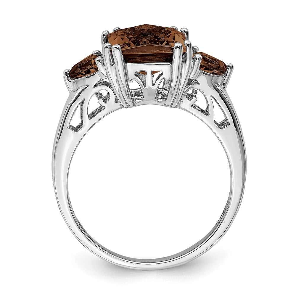 Sterling Silver Rhodium Octagonal Checker-Cut Smoky Quartz Ring