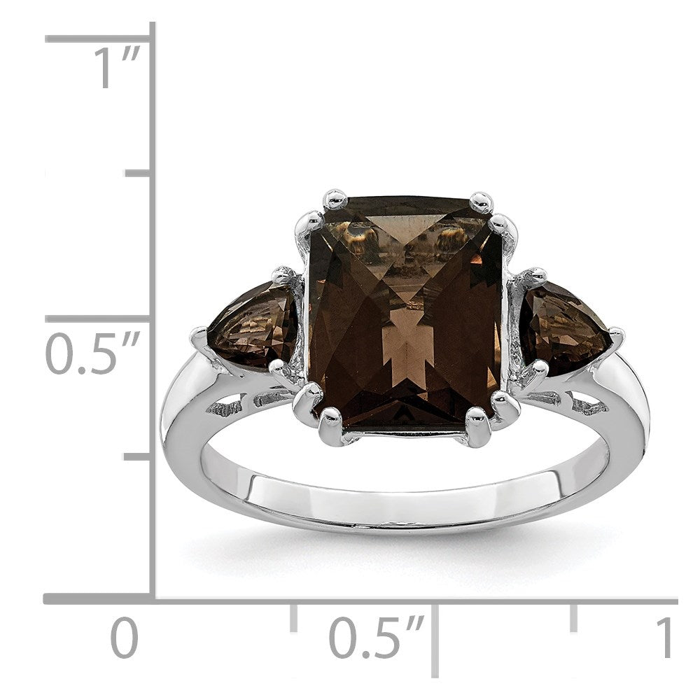 Sterling Silver Rhodium Checker-Cut Smoky Quartz Ring
