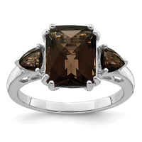 Sterling Silver Rhodium Checker-Cut Smoky Quartz Ring