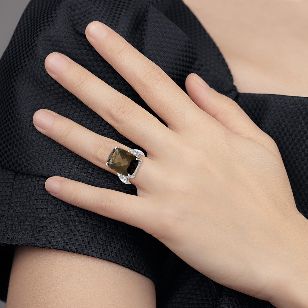 Sterling Silver Rhodium Smoky Quartz & Diam. Ring