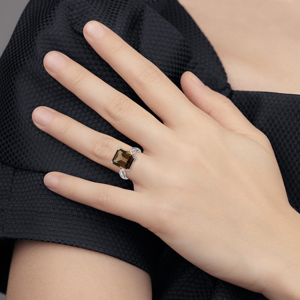 Sterling Silver Rhodium Octagonal Smoky Quartz Ring