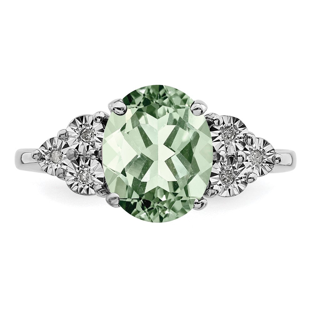 Sterling Silver Rhodium Diam. & Green Quartz Ring