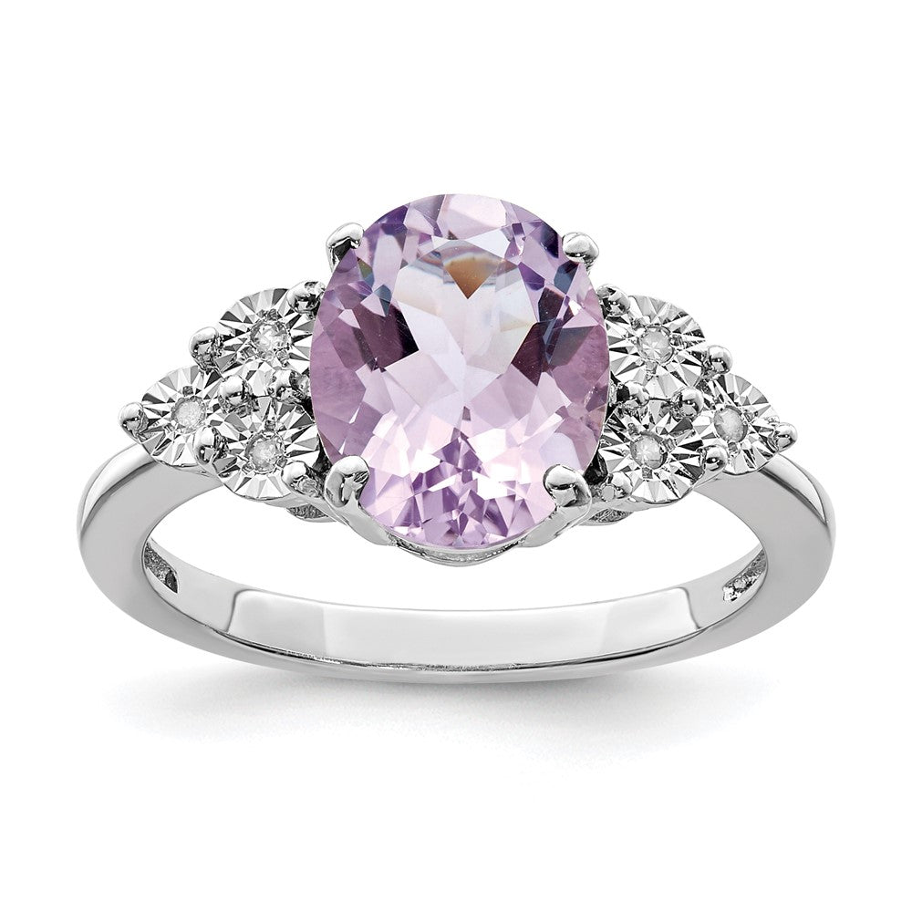 Sterling Silver Rhodium Diam. & Pink Quartz Ring
