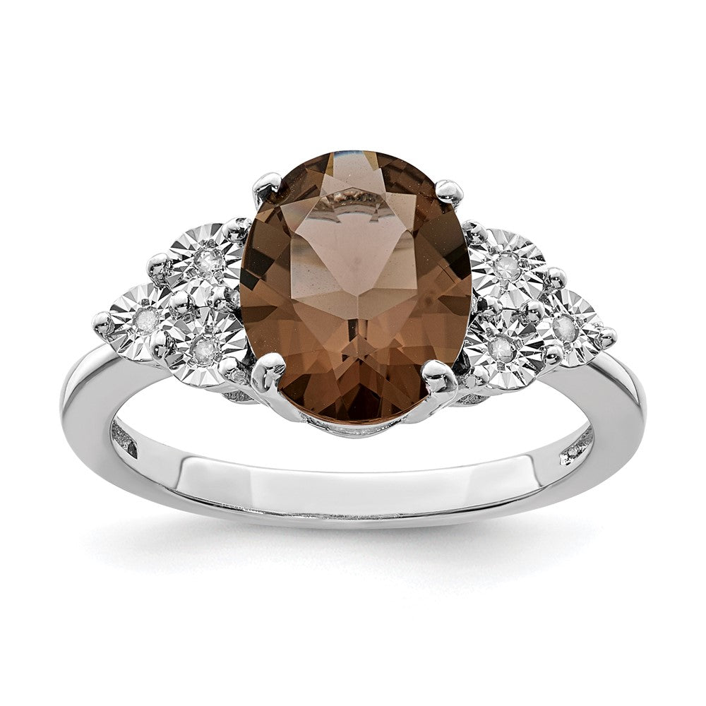 Sterling Silver Rhodium Diam. & Oval Smoky Quartz Ring