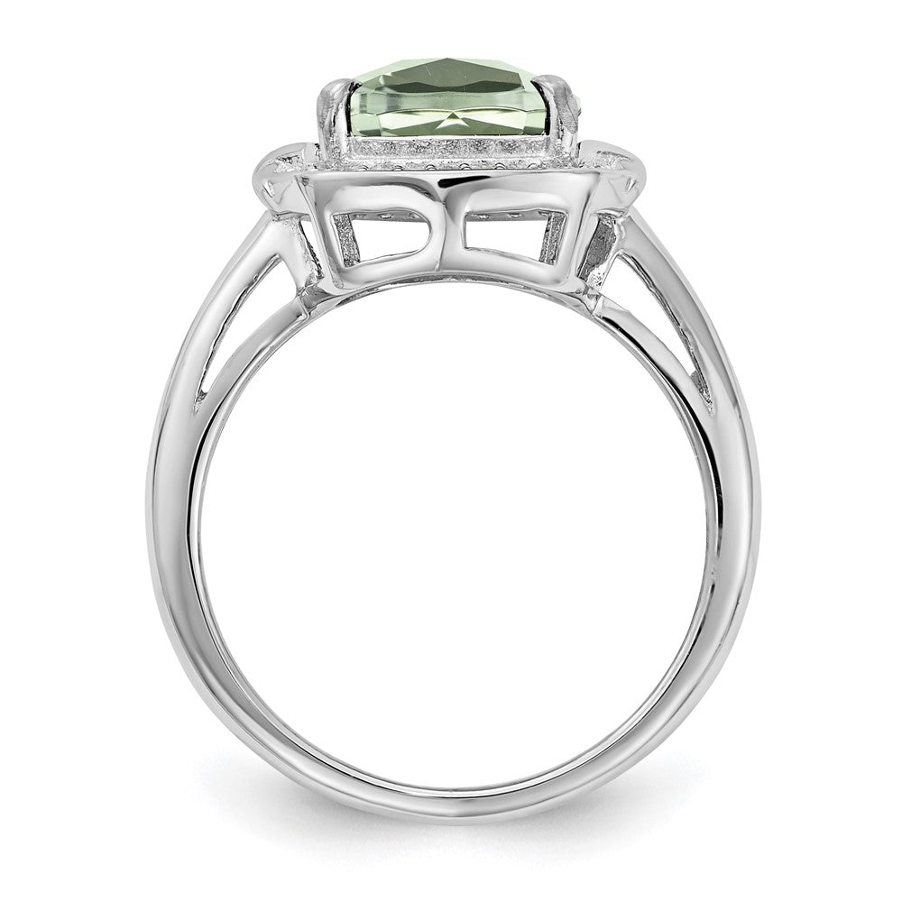 Sterling Silver Rhodium Diam. & Checker-Cut Green Quartz Ring