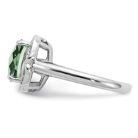 Sterling Silver Rhodium Diam. & Checker-Cut Green Quartz Ring