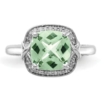 Sterling Silver Rhodium Diam. & Checker-Cut Green Quartz Ring