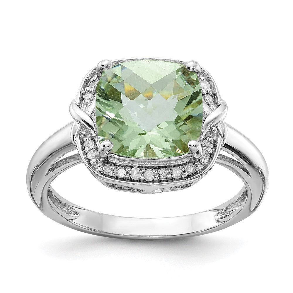 Sterling Silver Rhodium Diam. & Checker-Cut Green Quartz Ring