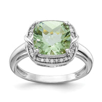 Sterling Silver Rhodium Diam. & Checker-Cut Green Quartz Ring