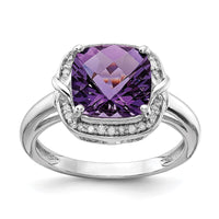 Sterling Silver Rhodium-plated Diamond & Checker-Cut Amethyst Ring