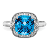 Sterling Silver Rhodium Diam. & Checker-Cut Blue Topaz Ring