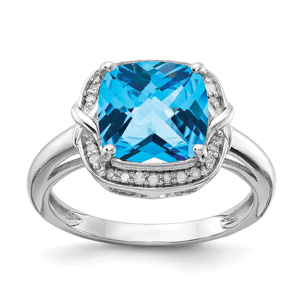 Sterling Silver Rhodium Diam. & Checker-Cut Blue Topaz Ring