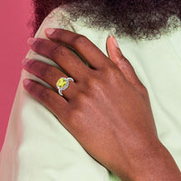 Sterling Silver Rhodium Diam. & Checker-Cut Lemon Quartz Ring