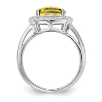 Sterling Silver Rhodium Diam. & Checker-Cut Lemon Quartz Ring