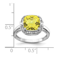 Sterling Silver Rhodium Diam. & Checker-Cut Lemon Quartz Ring