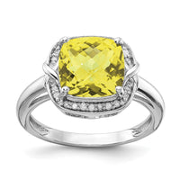 Sterling Silver Rhodium Diam. & Checker-Cut Lemon Quartz Ring
