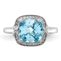 Sterling Silver Rhodium Diam. & Checker-Cut Sky Blue Topaz Ring