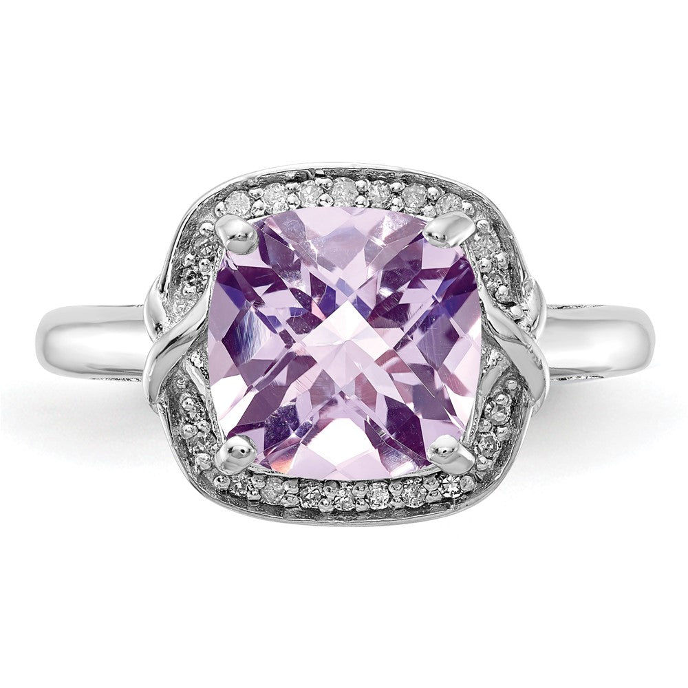 Sterling Silver Rhodium Diam. & Checker-Cut Pink Quartz Ring