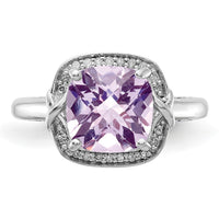 Sterling Silver Rhodium Diam. & Checker-Cut Pink Quartz Ring
