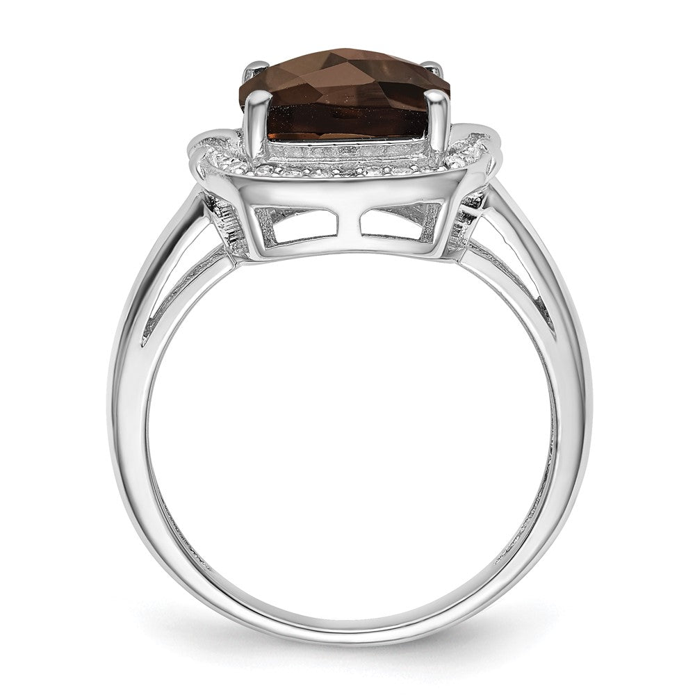 Sterling Silver Rhodium Diam. & Checker-Cut Smoky Quartz Ring