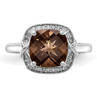 Sterling Silver Rhodium Diam. & Checker-Cut Smoky Quartz Ring