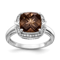 Sterling Silver Rhodium Diam. & Checker-Cut Smoky Quartz Ring