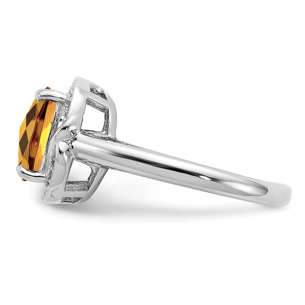 Sterling Silver Rhodium Diam. & Checker-Cut Whiskey Quartz Ring