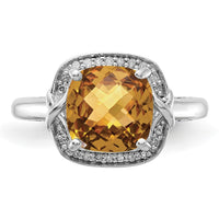 Sterling Silver Rhodium Diam. & Checker-Cut Whiskey Quartz Ring