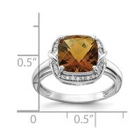 Sterling Silver Rhodium Diam. & Checker-Cut Whiskey Quartz Ring