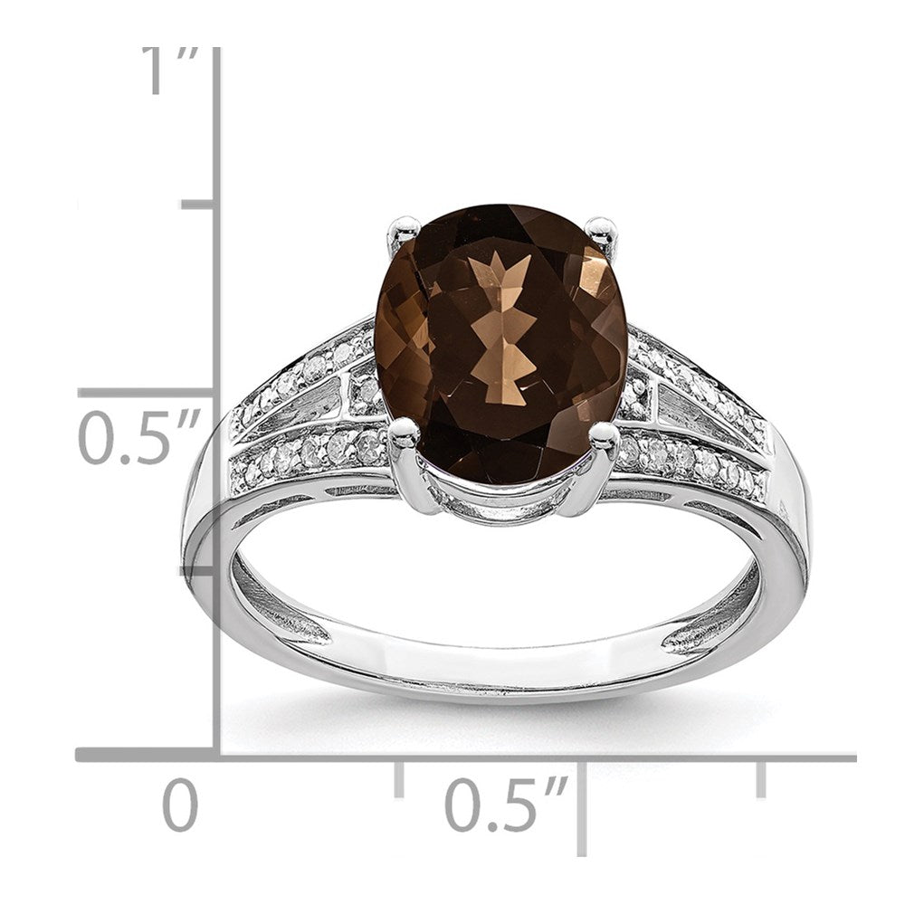 Sterling Silver Rhodium Diam. & Oval Smoky Quartz Ring